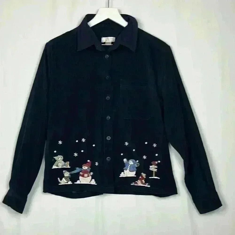 Christopher & Banks Womens Top Navy Blue M Christmas Snowmen Button Up Pocket